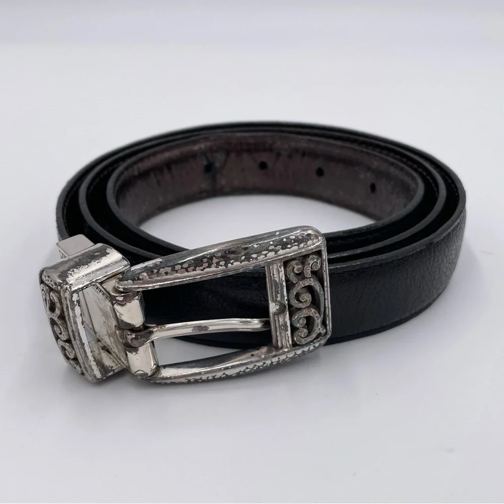 Vintage 80s 90s Brighton Black Leather Belt Women's Size 38 Embellished Buckle